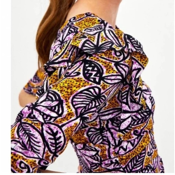 Zara Abstract Floral Print Gathered Ruffle Sleeve Mini Dress S - Picture 6 of 13